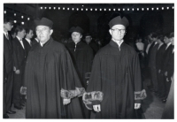 Graduation assistance at the Faculty of Mechanical Engineering of the Czech Technical University, Jiří in the robe on the right, Prague around 1984
