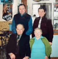 Celebration of Bohumil Hajný's 80th birthday, with his wife and two sons, 2005