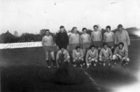 Jaroslav Křížek in the bottom row, third from the right, with the football team, the early 1970s
