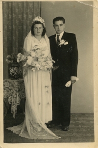 Wedding photo of Mária and her husband Antal, year 1950, Moháč 