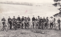 Cycling trip to the memorial of the death march victims in Pístov, Dalibor Funda is seventh from right, 1968–1970