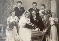 Eliška Leščinská and her husband Jiří are sitting in the middle, her brother Miroslav is standing above them on the right
