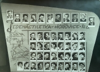 Photo of the graduation table of the eleven-year high school in Hořovice. Bottom row 7. Václav Hrabě. Second row from the bottom second from the right Emilie Hrabáková		
