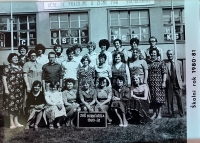 Teaching staff of the elementary school in Horní Bříza. School year 1980-1981. Emilie Hrabáková 3rd from the right in the top row		