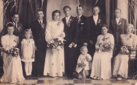 Her cousin's (Miroslav Mitiska) wedding in 1945. Marie is in the first row on the right 
