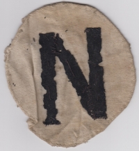 Nášivka označující Němce po válce, kterou nosil Walter Pilz na hrudi