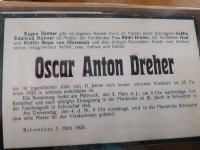 Úmrtní oznámení: Oscar Anton Dreher, 1926 fotografováno se svolením Regionálního muzea Brumov-Bylnice, 2021