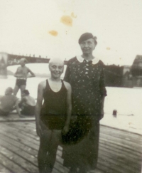 Libuše and her grandmother at a public swimming pool. 1936