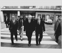 Visit of Israeli Finance Minister Šimon Peres in 1990. Ivan Kočárník and Andrej Barčák are also pictured.