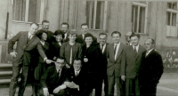 Libuše Šubrtová (centre, with a large necklace ) at a reunion on the 10th anniversary of secondary school graduation. Kolín, 1957