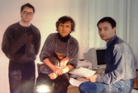 DT with his postgraduate students. Lubomír Pospíšil on the left, Martin Štěpánek on the right. Together they created a "central algorithm" for adjusting share prices in successive privatization rounds.