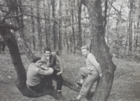In the middle is her husband's brother Jiří Krčmař with friends, 1950s 