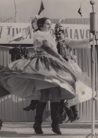Ludmila Kobzíková and Karel Extl are dancing during the Břeclavan folklore ensemble performance, 1960s
