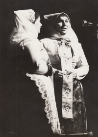 Ludmila Kobzíková and Julie Kučerová during the Břeclavan folklore ensemble performance, 1970s