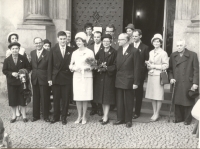 A wedding photo of Vladimír and Lydia Roskovec with their families 
