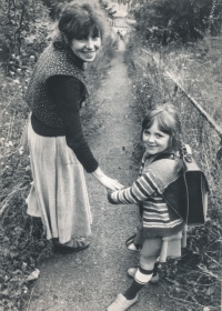 First time to school with daughter Johana, 1980