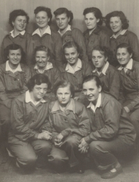 The collective of the Semily apprentice school, Helena Rýznarová standing first from the left above, 1952