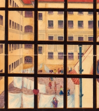 Marie Mašínová (mezi prádlem) ve vězení na kresbě spoluvězně malíře Otakara Kukly