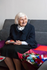 Marie Dubská krátce po svých 100. narozeninách, natáčení pro Paměť národa, listopad 2021, Praha