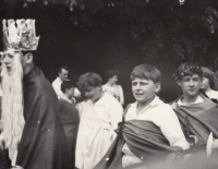 Jiří Mach at the student Majáles (festival) 1966 the second one from the right with a wreath on his head
