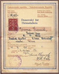 The home certificate of a German woman from Donín (today part of Hrádek) from the time of the first republic 