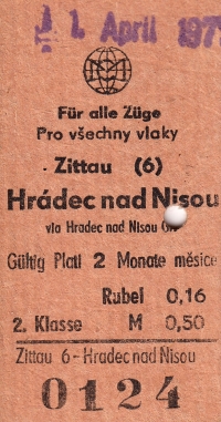 Train ticket from the 1st of April 1979 with Hrádek's name written incorrectly (even Germans make a mistake sometimes) 
