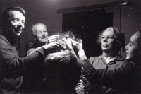 Jaromír Dadák making a toast with his parents and his children, Mirka and Jiří, Znojmo, the early 1970s 

