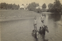 Bratři Ladislav a Karel Korandovi plaví koně Lucku a Mindu, v pozadí usedlost č. 6 ve Dvorech nad Lužnicí (cca 1940)