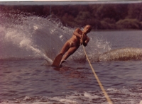 Father Štěpán Machart when water skiing, circa 1970