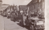 Allegorical float in the 1 May parade, Vrchlabí 1946