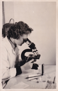 Květoslava Chřibková at work in the laboratory in Hlučín, 1970s