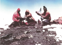 From the left: Zdeněk Zerzáň, Athanázi Funi, MUDR. Hřebíček on the top of Mount Kilimanjaro (photo taken by Josef Obelcz)