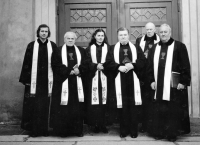 Jana Šilerová with Hussite priests (far left her husband Vladimír) / Doubrava / mid 1970s

