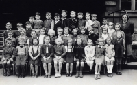 Jan Bartoš in a school photograph of Komenský Elementary School (second from the left in the first row) in 1952