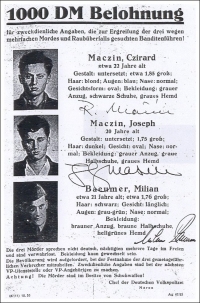 Výzva obyvatelstvu ve východním Německu s odměnou 1000 marek za informace, které povedou k dopadení prchajících banditů, lupičů a vrahů Josefa Mašína, Ctirada Mašína a Milana Paumera; plakát z října 1953