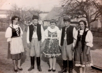 Amateur theatre troupe. František Dočekal, second from left. Nyklovice, around 1957