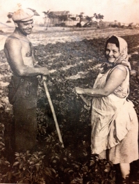 Father's brother, Robert Dočekal and his wife Marie, mom's sister. Near Mělník, 1947