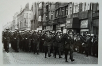 Military parade in Písek, Karel Mikolín in front saluting