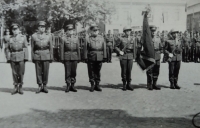Military parade in Písek, Karel Mikolín on the left