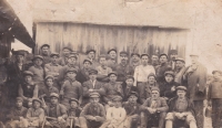 Photo of stonemasons mostly from Dolní Město, ca. 1920s, witness's father is the second from left in the third row
