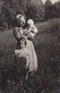 Věra Halová with her grandmother Marie Mikulcová and brother Pavel, late 1950s