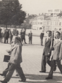 Celebrations of the 70th anniversary of the founding of the grammar school in Vysoké Mýto, 10th of September 1949, Rejlek holding a banner 