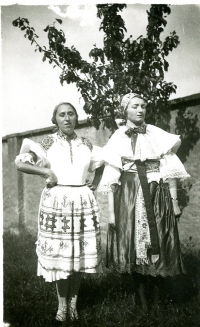 Aunt Štěpánka wearing a Čičmany folk costume, aunt Růžena wearing a Kyjov folk costume, about 1935