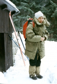 In winter in from of the Buko cottage, Kroužek Mill, the Jizera Mountains, 1995