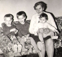 Marie Holubová with grandchildren Jan, Tomáš and Martina, 1978