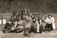 With pupils of class IV. B of the Secondary School of Economics in Třebíč at Polanka, circa 1979