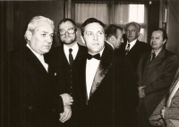 From the left: central director of Czechoslovak Television (ČST) Jan Zelenka, J. Dobiáš as deputy director of ČST Brno, director of ČST Brno Svatopluk Bimka and second from the right, director of ČST Ostrava Evžen Saidok, 1982
