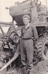 Jindřich Kubienka with a combine harvester made in the USSR/ early 1970s