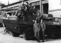 The company in the Na Míčánky barracks with an armored personnel carrier that had to be made available to the Public Security in July 1969 (colleagues of the witness painted the sign Public Security)
