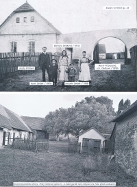 Rodina otce Františka Dedka – matka Barbora a sourozenci u rodného domu v Křeči, 20. léta 20. století